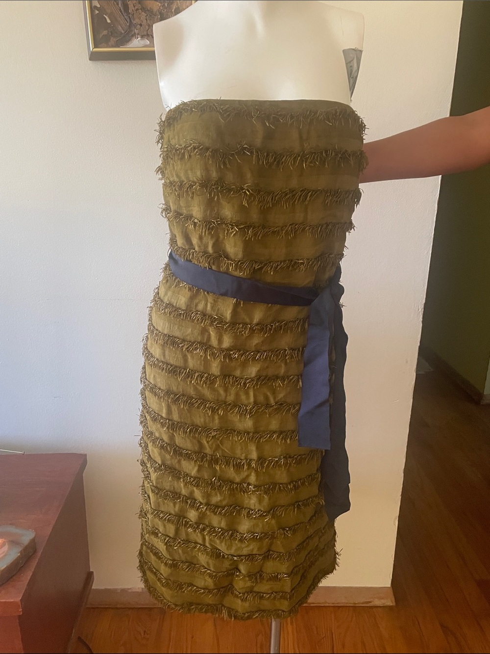 NWT J. Crew Olive Fringe Strapless Viscose/Linen/Raffia Dress with Navy Sash